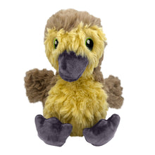Load image into Gallery viewer, A plush stuffed bird toy with fluffy yellow and brown feathers, a dark gray beak, and green eyes, photographed against a plain white background.