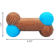 Load image into Gallery viewer, Brown and blue KONG dog toy with measurements on a white background