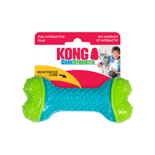 Load image into Gallery viewer, Kong CoreStrength dog toy in blue and green, attached to its original retail packaging card against a white background.