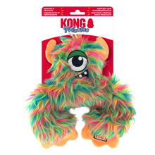 Load image into Gallery viewer, Kong Frizoo plush monster dog toy in a bright multicolor neon fur pattern with orange paws and ears, attached to its original retail packaging card.
