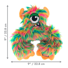 Load image into Gallery viewer, A colorful fuzzy monster plush toy with one large eye, shown on a white background with measurement arrows and text indicating 9 inches / 22.8 cm height and width.