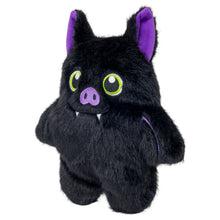 Load image into Gallery viewer, Black plush toy with purple accents on a white background