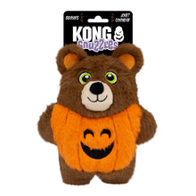Load image into Gallery viewer, Kong Grizzlies dog toy shaped like a teddy bear wearing an orange pumpkin costume, on its original black cardboard hanger packaging against a white background.