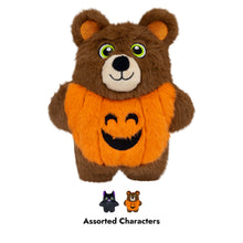Load image into Gallery viewer, A plush teddy bear character wearing an orange pumpkin costume with a black embroidered jack-o'-lantern face, shown on a plain white background. Below the main bear, smaller character icons and the text 'Assorted Characters' appear.
