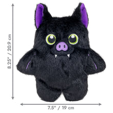 Load image into Gallery viewer, Black plush toy with purple accents and measurements on a white background