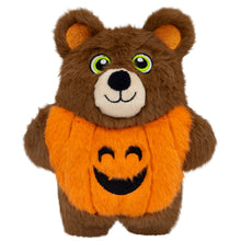 Load image into Gallery viewer, A plush teddy bear toy wearing an orange pumpkin costume with a black stitched smiley face, on a plain white background.