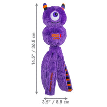 Load image into Gallery viewer, Purple monster-shaped KONG toy with measurements on a white background