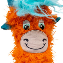 Load image into Gallery viewer, Plush toy with orange fur, blue hair, and a smiling face on a white background
