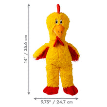 Load image into Gallery viewer, Yellow plush chicken toy with red accents and measurements on a white background