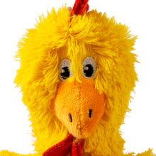 Load image into Gallery viewer, Plush toy resembling a yellow bird with a red beak and scarf on a white background