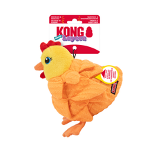 Load image into Gallery viewer, Kong Luffy plush chicken dog toy in orange and yellow, attached to its original retail packaging card against a white background.