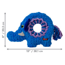 Load image into Gallery viewer, Blue elephant-shaped toy with a purple rope ring, dimensions indicated, on a white background