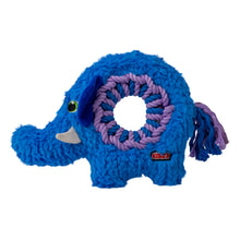 Load image into Gallery viewer, Blue elephant-shaped dog toy with a purple rope ring on a white background