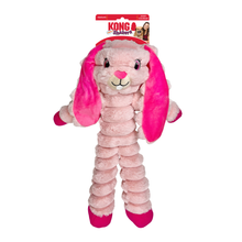 Load image into Gallery viewer, A pink plush dog toy shaped like a rabbit with long floppy ears, a segmented body, and bright pink paws and feet, shown hanging from its original retail header card on a white background.