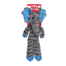 Load image into Gallery viewer, Kong Puppy plush elephant dog toy in gray with bright blue ears, trunk, and paws, attached to its retail header card on a white background.