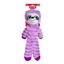 Load image into Gallery viewer, Kong Sloth plush dog toy in a purple hooded outfit, hanging from its retail card packaging against a white background.