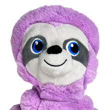 Load image into Gallery viewer, A plush sloth toy with fluffy purple fur, a white face, gray eye patches, and bright blue eyes, shown against a plain white background.