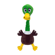 Load image into Gallery viewer, Plush toy duck with green head, brown body, and yellow feet on a white background