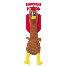 Load image into Gallery viewer, Kube Turkey plush rope dog toy in its original red and white hanging packaging, featuring a knotted orange-brown body, yellow beak and feet, and a red wattle.