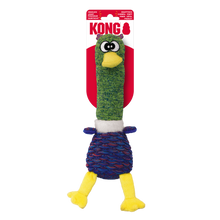 Load image into Gallery viewer, KONG brand pet toy shaped like a bird, featuring a green textured neck, yellow beak and feet, blue and purple patterned body, and a red-and-white hanging retail card.