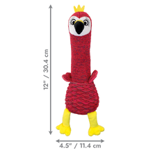 Load image into Gallery viewer, A red bird-shaped plush dog toy with yellow feet, a yellow crown, and a white face patch, shown on a white background with dimension arrows and text indicating 12 inches tall and 4.5 inches wide.