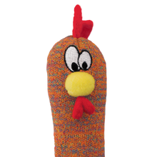 Load image into Gallery viewer, A novelty sock puppet shaped like a cartoon chicken, featuring a multicolor orange, yellow, and blue knit body with embroidered white eyes, a yellow beak, and red comb and wattle details, isolated on a white background.