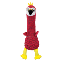 Load image into Gallery viewer, A red and yellow plush toy dog shaped like a bird or parrot, standing upright with a long neck, yellow feet, and a small yellow crown on a plain white background.