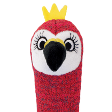 Load image into Gallery viewer, A red knit sock puppet toy shaped like a parrot, featuring a white face, black beak, long black eyelashes, a yellow beak accent, and a yellow crown on top, shown against a plain white background.
