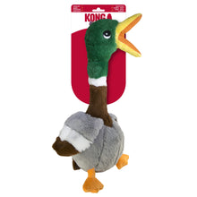 Load image into Gallery viewer, Kongoo plush duck toy with a green head, brown neck, gray body, orange feet, and yellow beak, attached to a red and white retail card with the Kongoo brand visible.