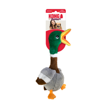 Load image into Gallery viewer, Kong Duck Bopper dog toy, featuring a plush mallard duck with a green head, brown neck, gray body, white wing, and orange beak and feet, shown on its original retail packaging against a white background.