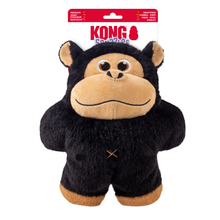 Load image into Gallery viewer, Kong Squishy gorilla plush toy in its retail packaging, featuring black and tan plush fabric with a red and white hanging header card.