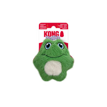 Load image into Gallery viewer, Kong Smuggles green frog-shaped plush dog toy with a white belly patch, attached to its red and white retail packaging card, shown on a plain white background.