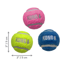 Load image into Gallery viewer, Three KONG balls in pink, green, and blue with measurements on a white background