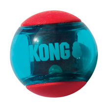 Load image into Gallery viewer, A translucent teal blue Kong ball dog toy with red foam top and bottom sections, featuring the brand name 'KONG' printed in teal on the front, isolated on a white background.