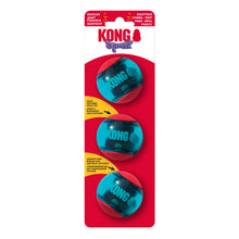Load image into Gallery viewer, Kong Squeak dog toy set in red and translucent teal-blue packaging, featuring three squeaky balls on a white backing card.