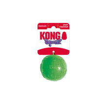 Load image into Gallery viewer, Kong Squeezz dog toy in green, attached to its original red and white cardboard packaging, shown against a plain white background.