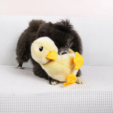 Load image into Gallery viewer, Small black dog holding a yellow duck plush toy on a white couch