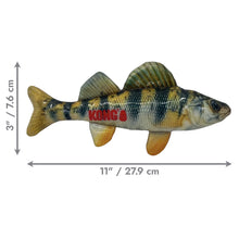Load image into Gallery viewer, Fish-shaped toy with KONG branding and measurements on a white background