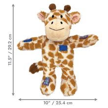 Load image into Gallery viewer, A plush giraffe toy with brown and cream patches and blue plaid patch accents, shown on a white background with dimension arrows and text indicating 11.5 inches tall by 10 inches wide.
