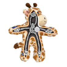 Load image into Gallery viewer, A plush giraffe-shaped dog toy with brown and tan fur pattern, a cream-colored snout, and black-and-white rope-style harness details across the body, shown on a plain white background.