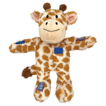 Load image into Gallery viewer, A plush giraffe toy with a cream and brown spotted pattern, featuring blue plaid patchwork accents on its arms and legs, isolated on a white background.