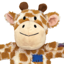 Load image into Gallery viewer, A plush giraffe toy with brown and cream patches, pink ears, black embroidered eyes and mouth, and a blue patch on its chest, shown against a plain white background.