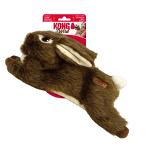 Load image into Gallery viewer, Kong Wild plush rabbit toy in brown and cream, shown with its red retail hanging card packaging on a plain white background.