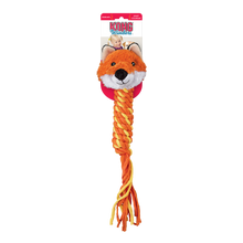 Load image into Gallery viewer, Kong Rumble plush fox toy with a braided orange and yellow rope tail, attached to a red plastic loop and shown on its retail card packaging against a white background.