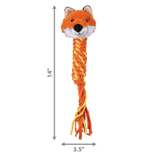 Load image into Gallery viewer, A plush dog toy with a fox head and braided rope tail, shown on a white background with dimension arrows indicating 14 inches tall and 3.5 inches wide.