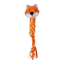 Load image into Gallery viewer, A plush dog toy shaped like a fox head with a braided orange and yellow rope tail, shown on a plain white background.