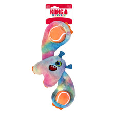 Load image into Gallery viewer, Colorful dog toy shaped like a worm with a tennis ball on a white background, featuring the Kong brand.