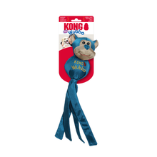 Load image into Gallery viewer, Kong Wubba dog toy in its original retail packaging, featuring a blue plush monkey head with a gray snout and three long blue fabric tails.