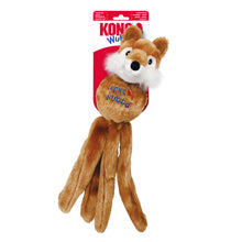 Load image into Gallery viewer, Kong Wubba plush dog toy with four long sticky legs, featuring a brown and white fox face on the ball, attached to its red and white cardboard packaging.