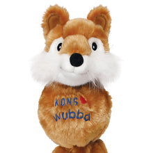 Load image into Gallery viewer, A plush toy dog with brown and white fur, featuring embroidered blue text reading 'KONG Wubba' and a small red heart on its chest, set against a plain white background.